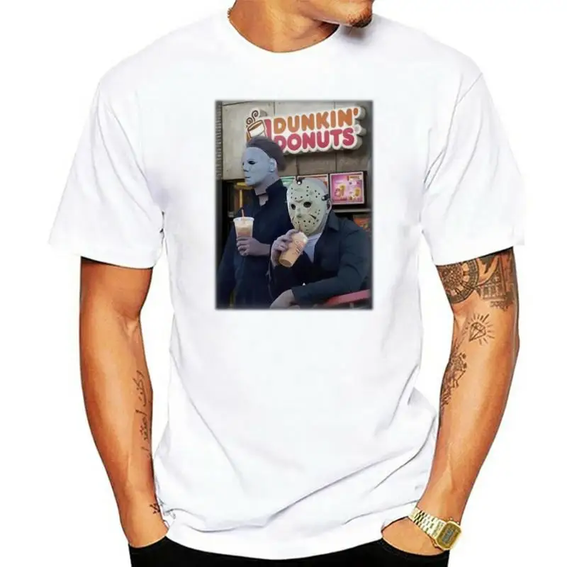 Camiseta de Michael Myers y Jason Voorhees Drink Dunkin Donuts para hombres y mujeres, camiseta negra