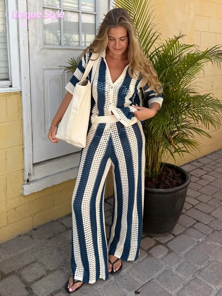 Conjunto de pantalones y camisa de ganchillo con rayas contrastantes para mujer, traje elegante con solapa de media manga, Top, pantalones sueltos, trajes de playa a la moda para mujer