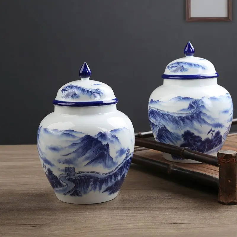 Creative Blue Mountain Ceramic Tea Canister Moisture-Proof Blue and White Porcelain Sealed Jar Large Capacity Candy Storage Jar