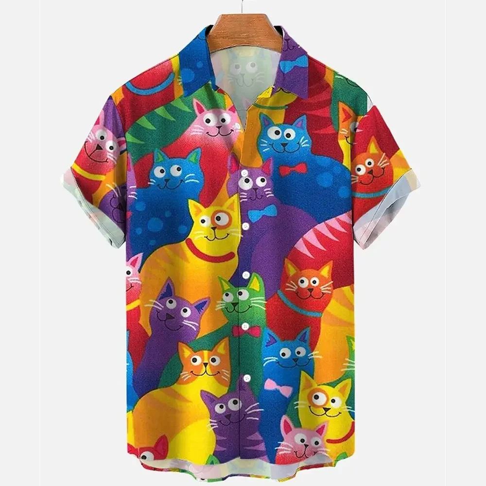 Cartoon animal cat print men's shirts Summer anime vintage clothing lapel Hawaiian beach shirt Men's casual short sleeved tops