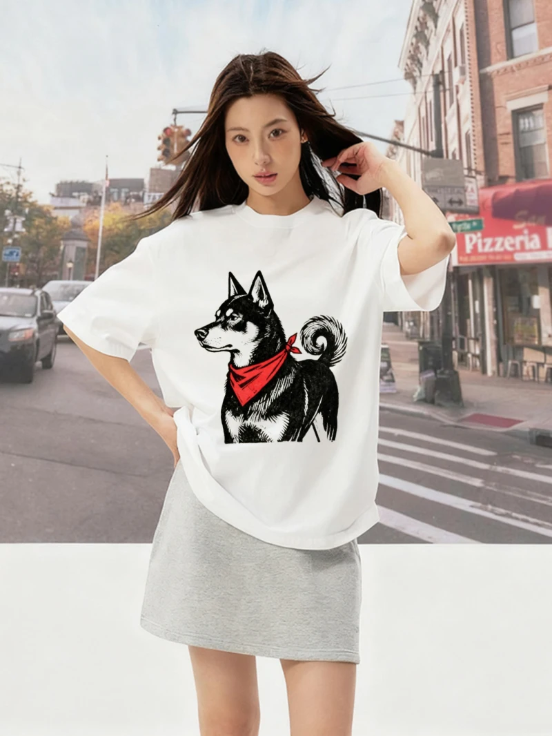 

Women's Short Sleeved Loose Cotton Printed Top with Black Shiba Inu Pattern Print Suitable for Spring and Summer Styles