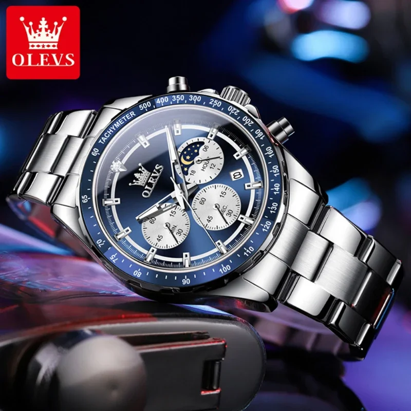 OLEVS 2945 reloj de cuarzo para hombre, cronógrafo de fase lunar luminosa de alta calidad, reloj de pulsera de moda resistente al agua de acero inoxidable