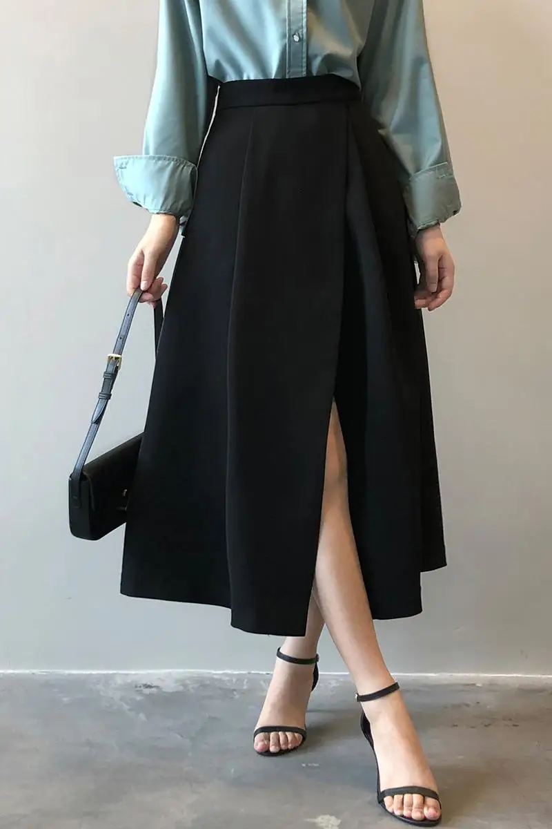 Women's Skirts High Waist Mid-Length A-line Skirt Business Lounge Pleated Women Bottoms Elegant Split