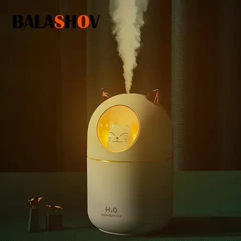 귀여운 고양이 울트라 사일런트 USB 가습기, 사무실 가정 침실 자동차 아로마 테라피 공기 청정기, LED 쿨 미스트 스프레이 포함, 300ML