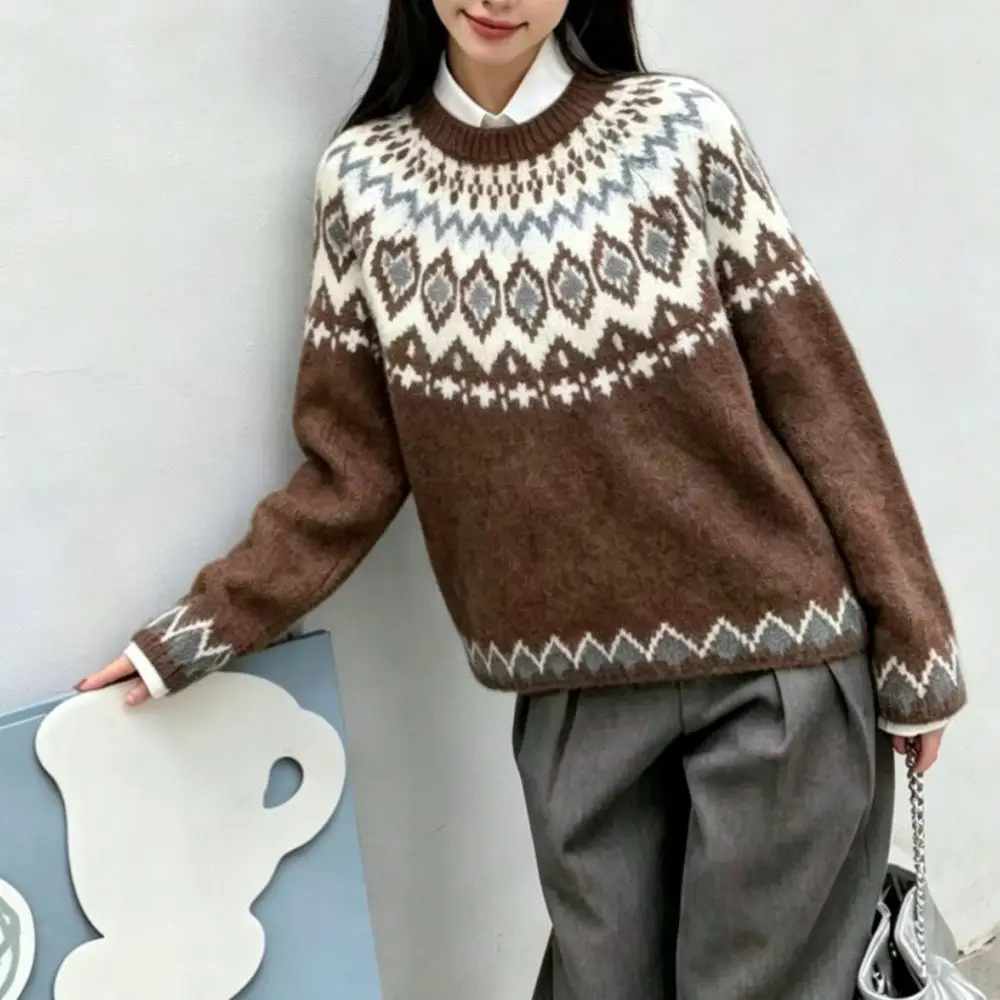 Cozy Fair Isle Knitted Pullover Women Winter O Neck Oversized Long Sleeve Sweater Casual Chic Geometric Pattern Tops
