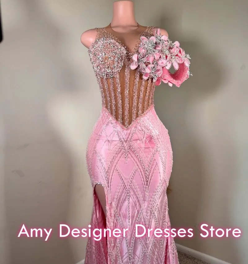 

Sparkle Pink Sequined Prom Dresses 2026 African Females Mermaid Split Crystal Beaded Evening Gowns Party Dress Customized
