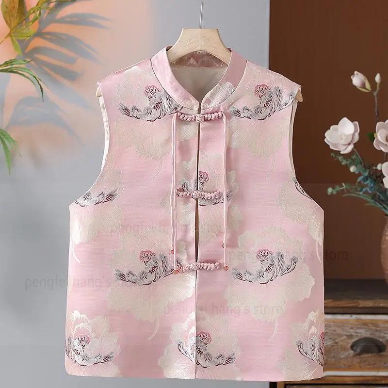Lady Chinese Style Vest Top Sleeveless Qipao Shirt Vintage Button Down Mandarin Collar Blouse Summer Spring New Jacket Outwear
