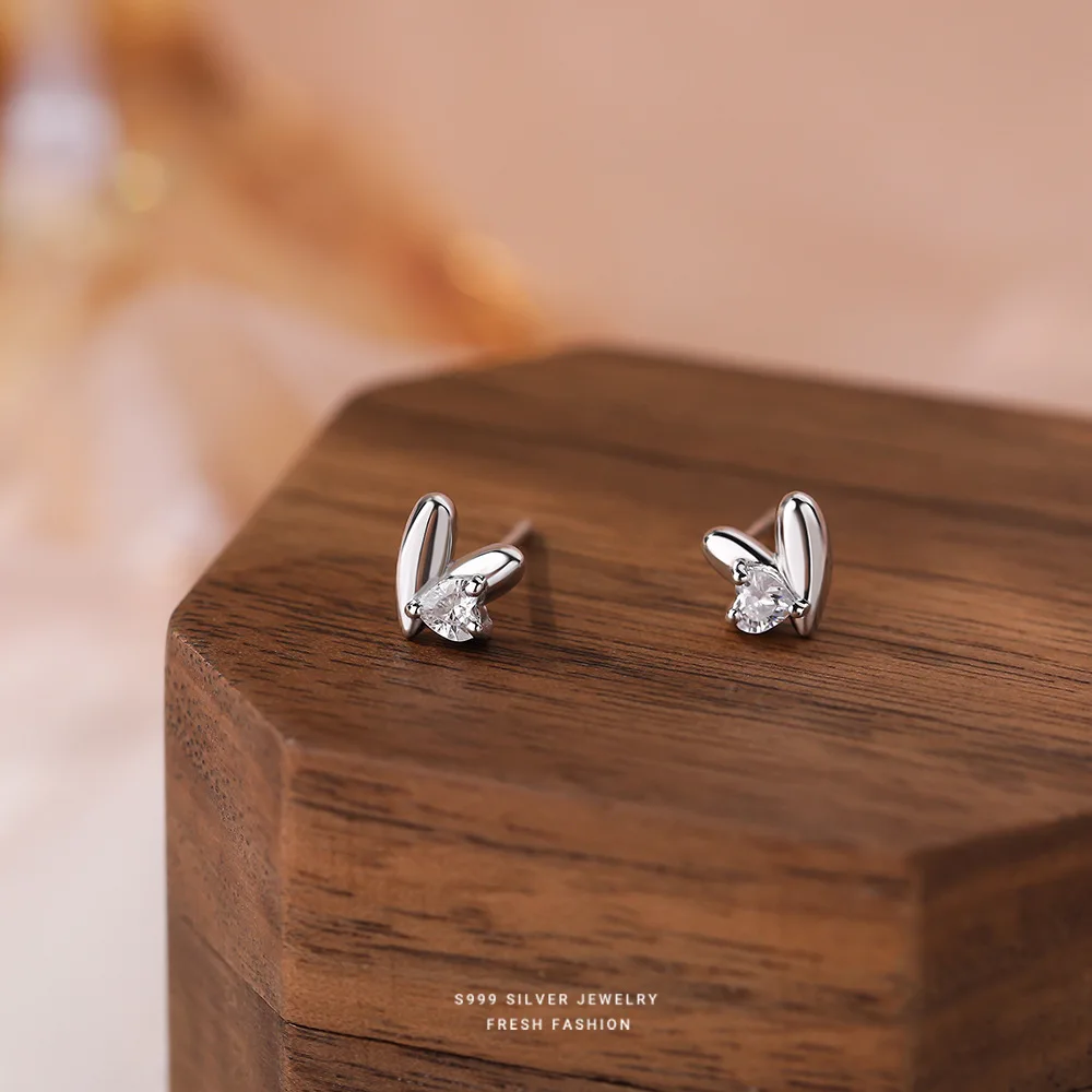 Real 999 Sterling Silver Earring Fashion  Shiny CZ Heart Stud Earrings For Women Fine Jewelry Gift image 2