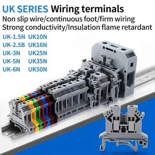 Imagen 1 del producto UK1.5N/2.5B/3N/5N/6N/10N/16N/25N/35N/50N bloque de terminales conector de abrazadera de tornillo carril DIN Terminal de voltaje de cableado de latón Universal