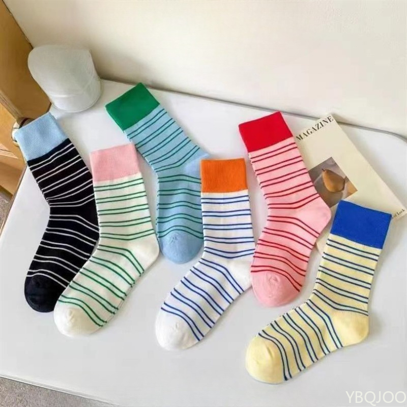  6 pairs Ladies' Spring Summer New Fashionable Versatile Contrast Striped Middle Socks Casual Comfortable Outerwear Stacked Socks 