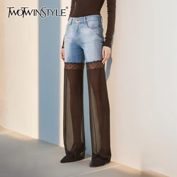 TWOTWINSTYLE Loose  Spliced Demin Cusual Pants For Women High Waist Patchwork Pocke Colorblock Wide Leg Pant Female Fashion New