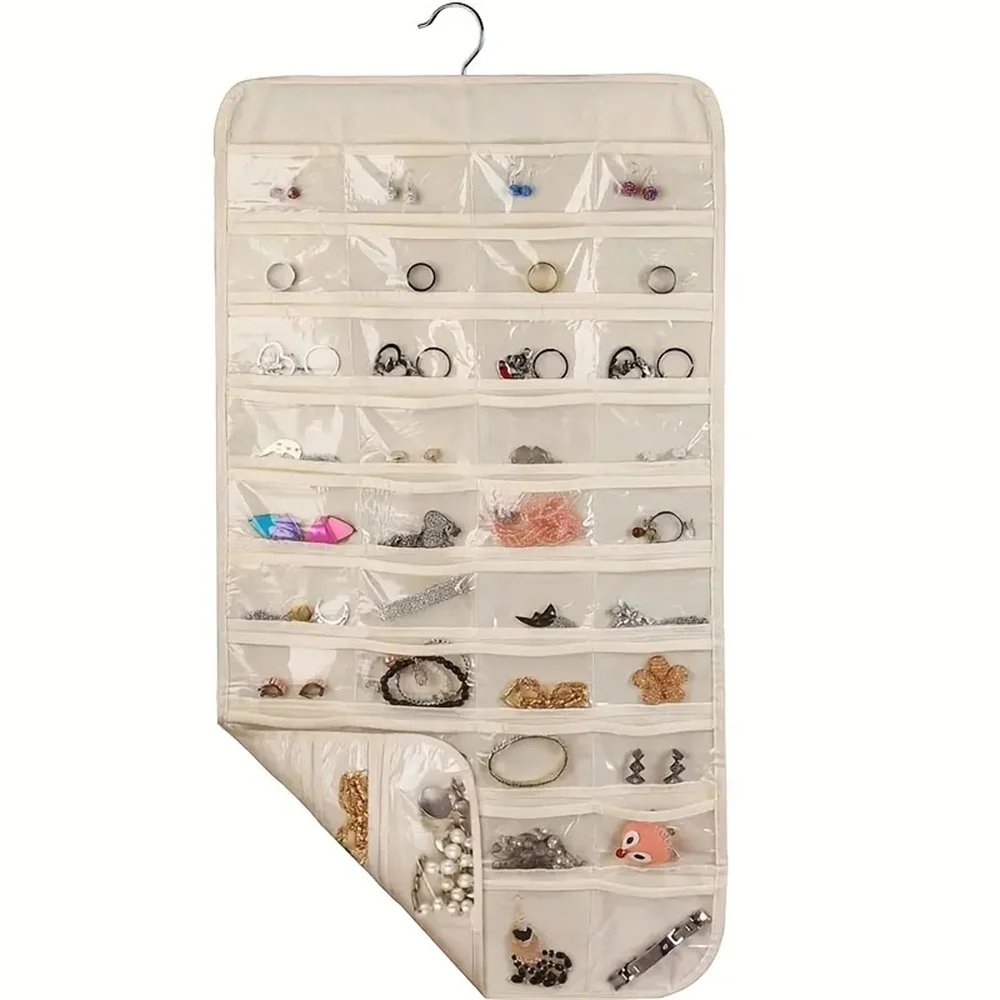 1pc 80 Pockets Hanging Women Jewelry Organizer, Earrings Necklace Bracelet Ring Accessories Display Holder