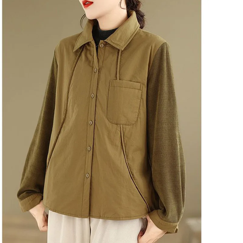 

Ladies' New Autumn Winter Lightweight Stitching Pockets Cotton Padded Lapels Single-Breasted Comfortable Cotton-Padded Jacket