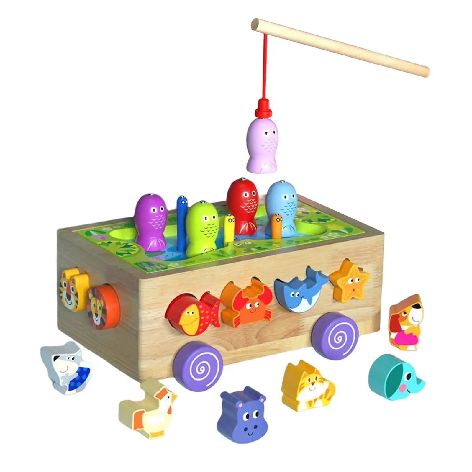 Shape Sorting Game Toy Montessori Wood Toy Developmental Toy Orchard Cart Fising Game for Gifts Ages 3+ Kids Boy Girl Children