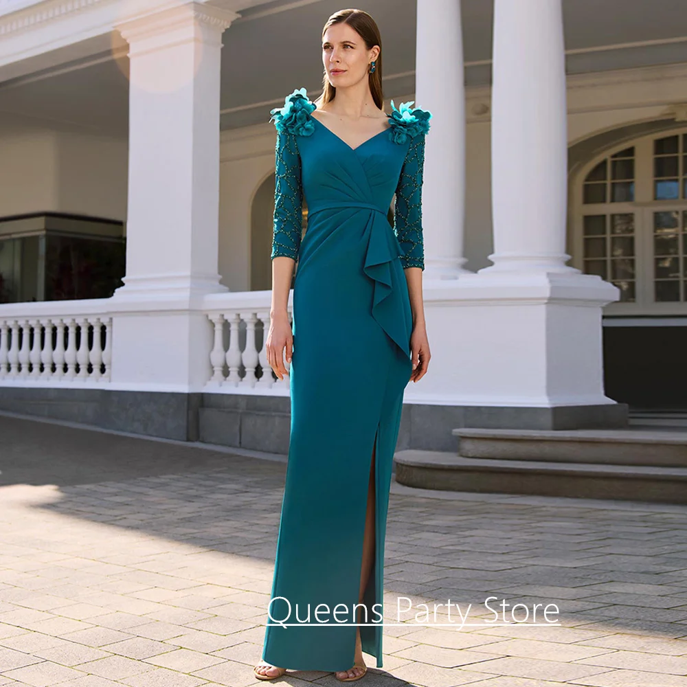 Fashion Mother of The Bride Dress Customized Beading 3/4 Sleeves Flowers Split Wedding Party Gown Evening Dresseses