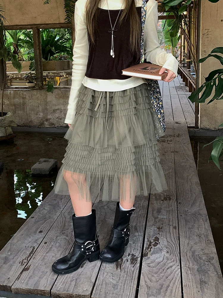 Casual A-Line Skirt Micro Stretch No Slit Korean Style Lace Elastic Waist Cake Skirt Mesh Puffy Skirt Women's Dress Knee Length