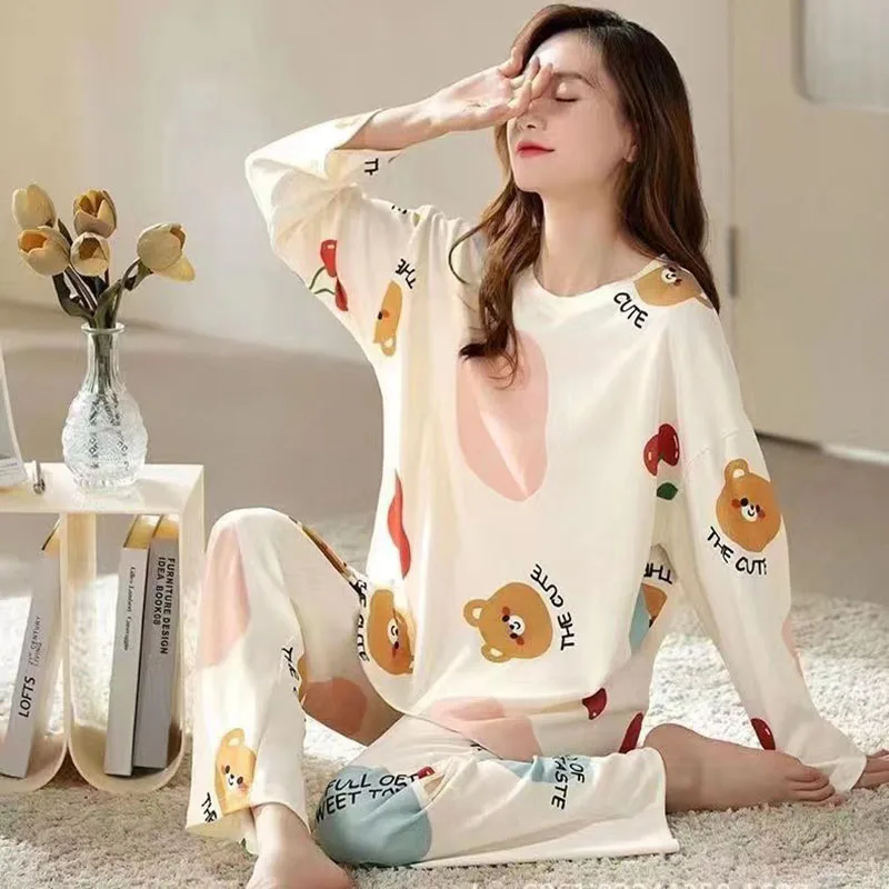 2 Piece Set Long-Sleeved Pyjamas Women Silk Sleepwear Autumn and Winter Korean Version Large Size Ladies Cartoon Bear Home Wear