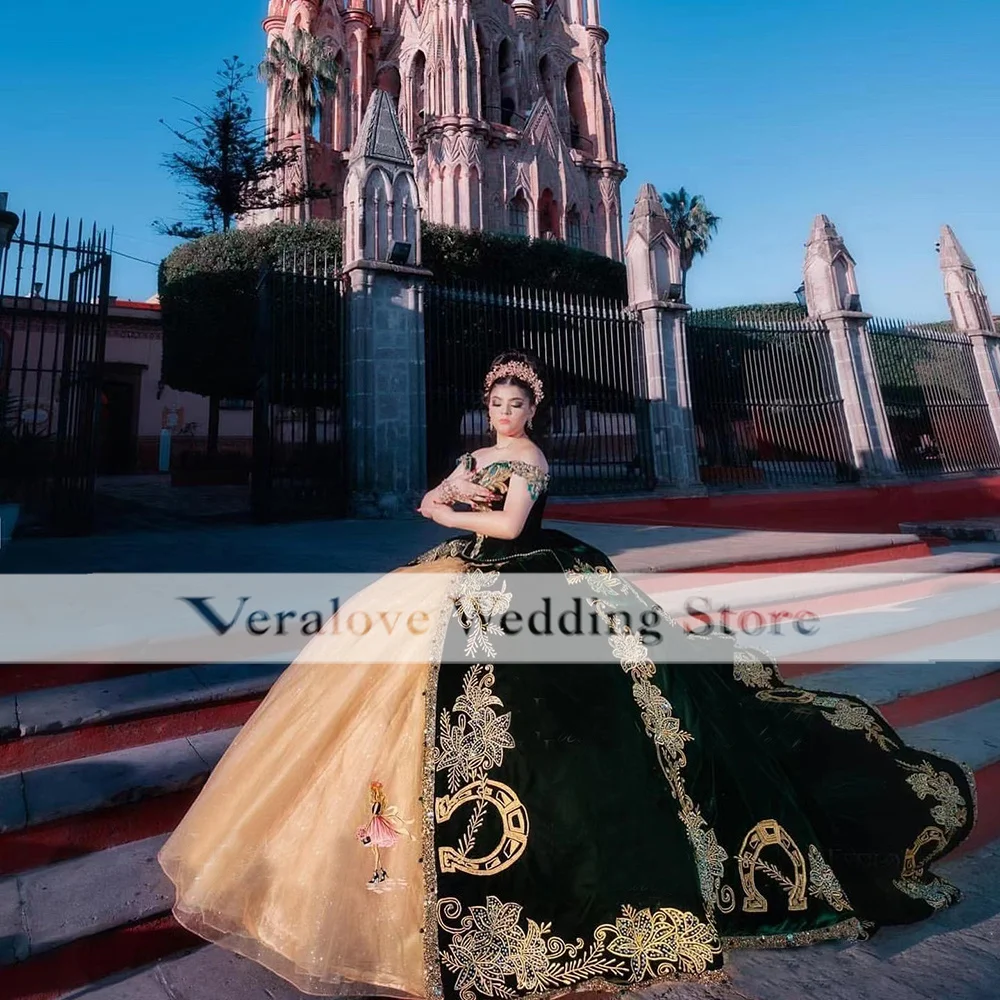 Charro Vestidos De Xv Años Mexicaanse Quinceanera Jurk Voor Meisjes 2022 Borduren Kant Donkergroen Fluwelen Zoete 15 Party Wear