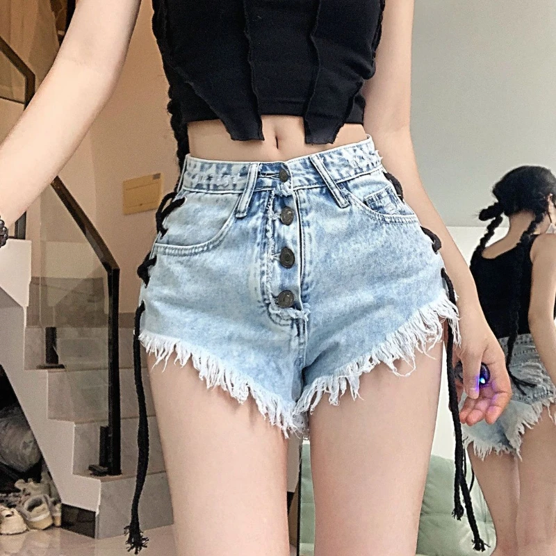 

Pure Lace-up Jeans for Women Hot Girls in Summer New Style Niche A-line Burly Shorts