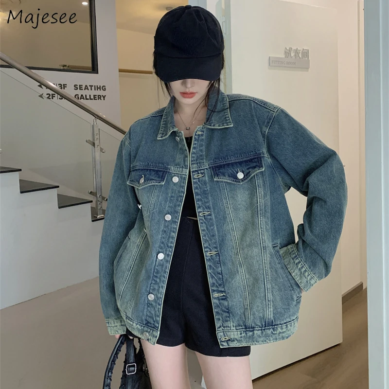 

Denim Jackets Women American Retro Washed Fashion Simple Loose Casual Autumn New All-match Female BF Chic Streetwear Ulzzang Ins