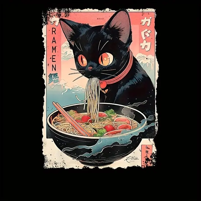 1Pc Ramen-Loving Cat Mixed Color Polyester Heat Transfer Sticker Iron-On Patch For Clothing Sweatshirt Hoodie Bag Jeans Tee