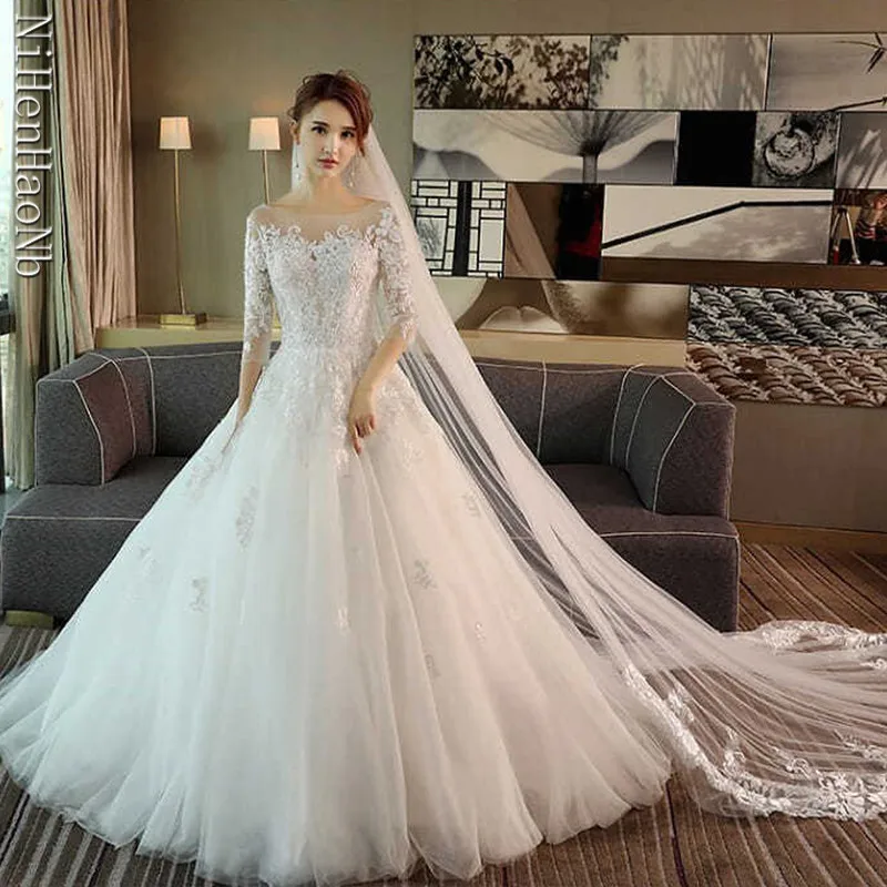 New Fashion Classic Wedding Dress 2024 New Lace Three Quarter Sleeve O-Neck Elegant Plus Size Vestido De Noiva Korean Bride Gown