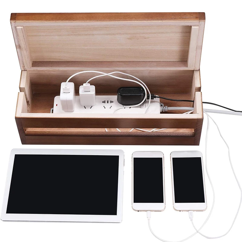 Caja organizadora de cables de madera, Protector contra sobretensiones, rayas de alimentación, Color café