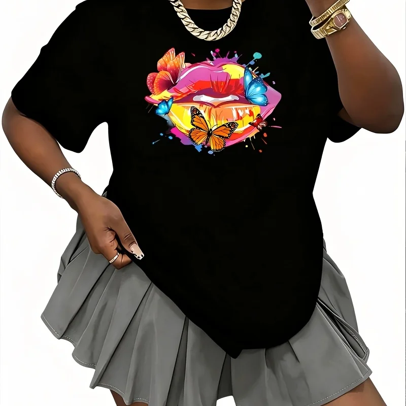 Butterfly Kisses Lip Women's 100% Cotton T-Shirt Fun Print Short Sleeve Top Casual Round Neck Tee S-5Xl