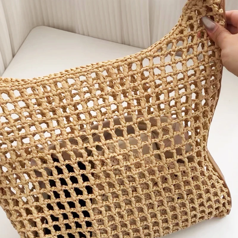 Bohemian Straw Woven Slim Bags For Women Luxury Designer Handbag Purse 2024 New In Large Capacity Hollow Underarm Beach Shoulder