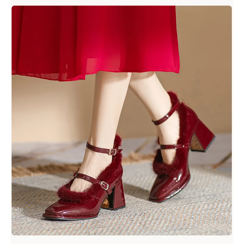 High End Red High Heels Thick Heels Bridal Wedding Shoes Autumn/winter With Velvet And Western Style Square Toe Hairy Shoes