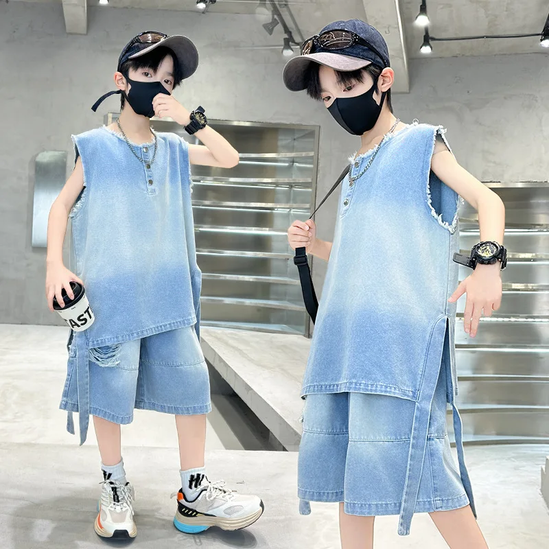 Stylish Boy Summer Hip Hop Design Costume Denim Clothing Set Kids Child Y2K Fashion Streetwear Outfit Two Pieces Tracksuit 4-15Y