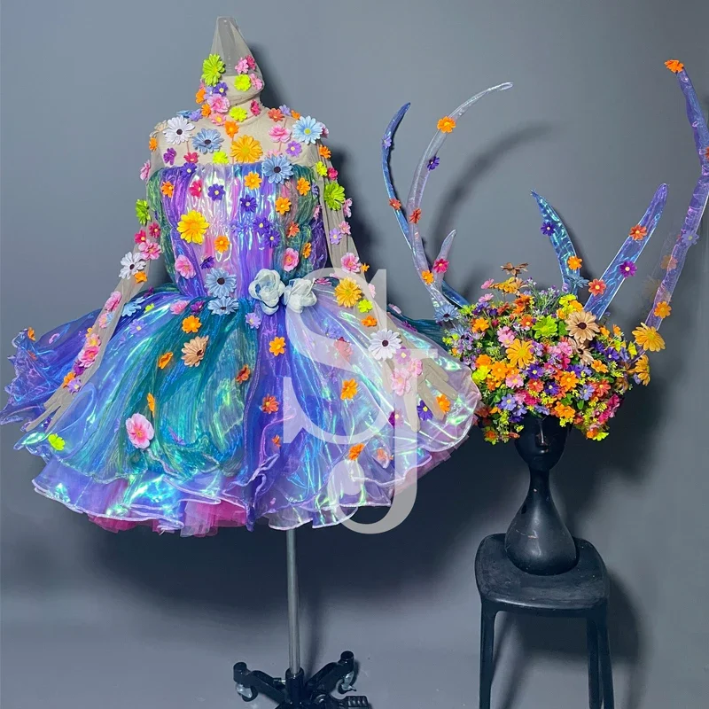 여성 파티 댄스 드레스 다채로운 레이저 드레스 섹시 폴 댄스 꽃 바디 슈트 축제 복장 무대 공연 Clubwear XS6466