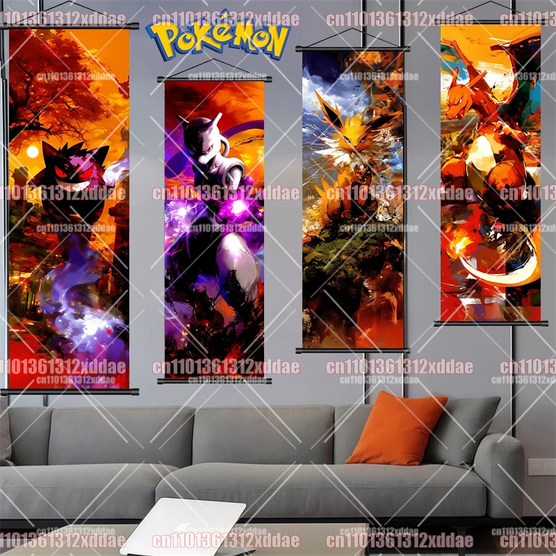 

Printed Pokemon Poster Anime Wall Art Gengar Mewtwo Eevee Charizard Painting Canvas Pikachu Hanging Scroll Home Room Decor