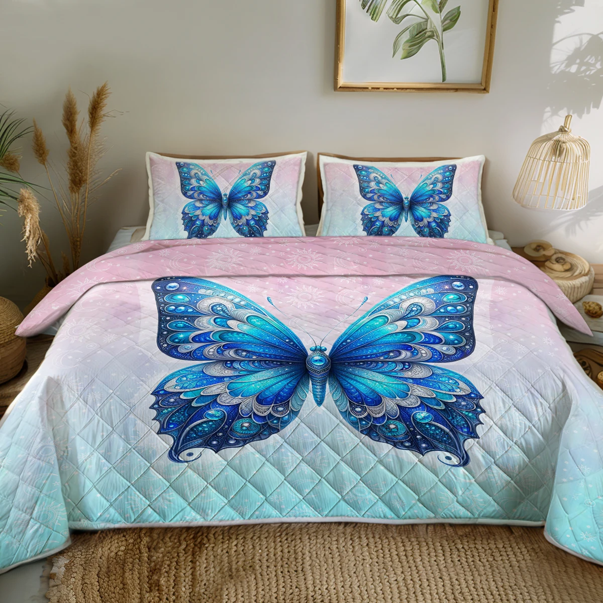 

Blue Butterfly Setting with Jewellery Printed Quilt Set Home Decor Comforter With 2 Pilowcases For Kids and Adults Bedroom