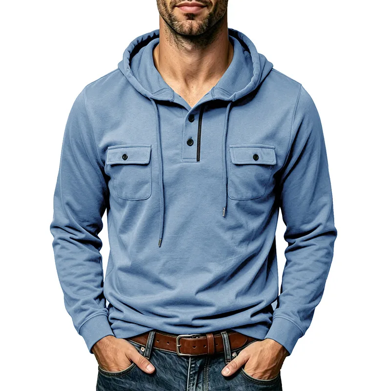 Frühling Herbst Herren Langarm-Sweatshirt mit Mehrfach-Taschen und Kapuze, Einfarbiger Streetwear-Kapuzenpullover, Lässiger Herren-Pullover