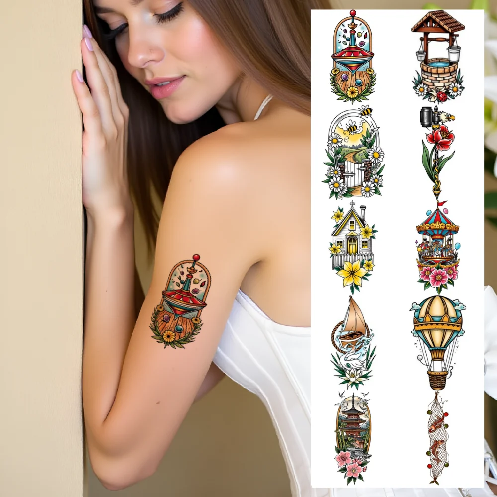 28pcs Temporary Tattoo Dragon New School Traditional Tree Swing Vintage House Waterproof Long-lasting Body Stickers For Men