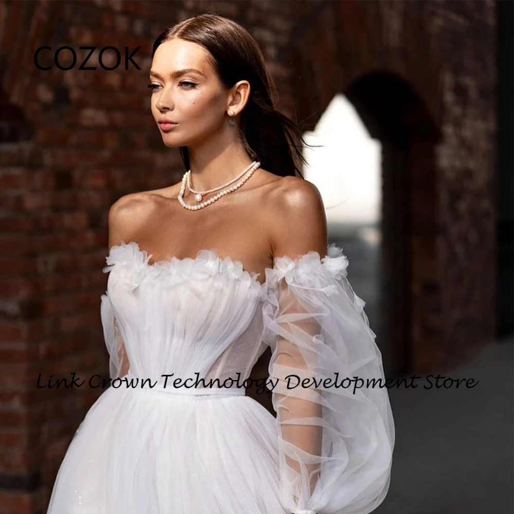 COZOK Strapless Wedding Dresses for Women Side Slit Soft Tulle Full Sleeve Bridal Gowns with Applique 2024 Vestidos De Novia