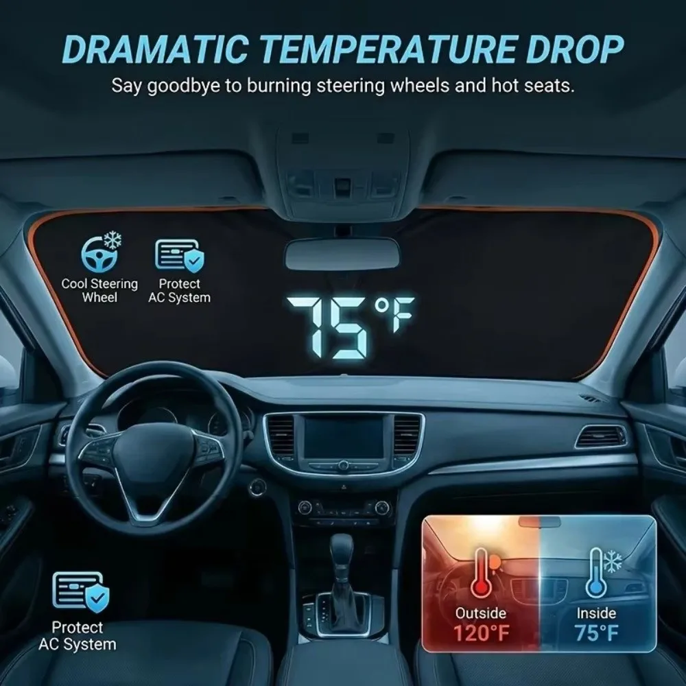 Foldable Design Car Sun Shade Cover Cooling Effect UV Reflective Windshield Sun Visor Compact Storage Front Window Fit