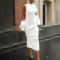 Fall Knitting Elegant 2 Piece Outfits Women Bodycon Tank Casual Pullover Sweater Maxi Dress Long Sleeve Cropped Cardigan