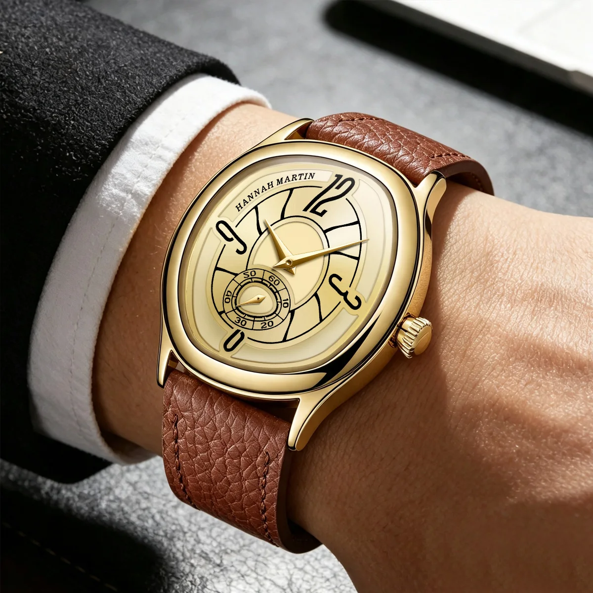 HANNAH MARTIN Watch Fashion Leather 40mm Timing Sub Dial Neutral Couple Clock Luxury Brand Quartz Movement Waterproof Wristwatch view 2