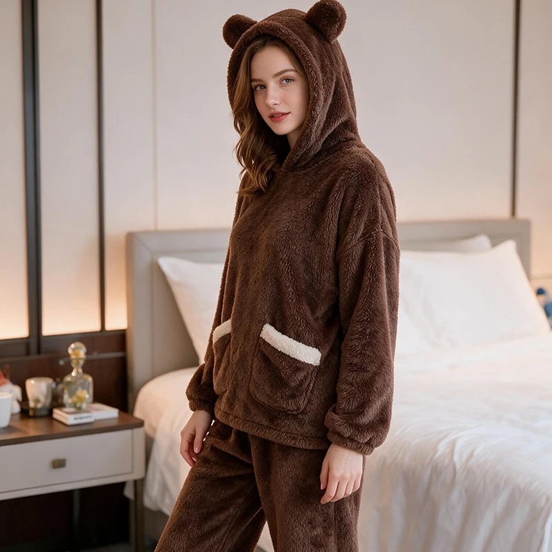 Thickened Warm Flannel Fall and Winter Women Cartoon Plush Hooded Bear Sleepwear Loungewear Two-Piece Solid Nightwear Homewear