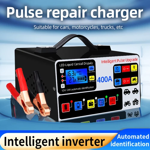 Imagen 2 del producto Cargador de batería de coche 400A 12V/24V - Cargador rápido de 220W con reparación de pulso y parada automática |   Caja fuerte de polaridad inversa para plomo-ácido/AGM
