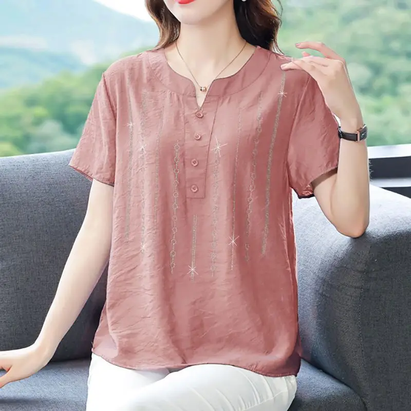 Summer New Middle-aged and Elderly Women\'s Clothing V-Neck Short Sleeve Spliced Button Solid Color Printed Commute POLO Shirt