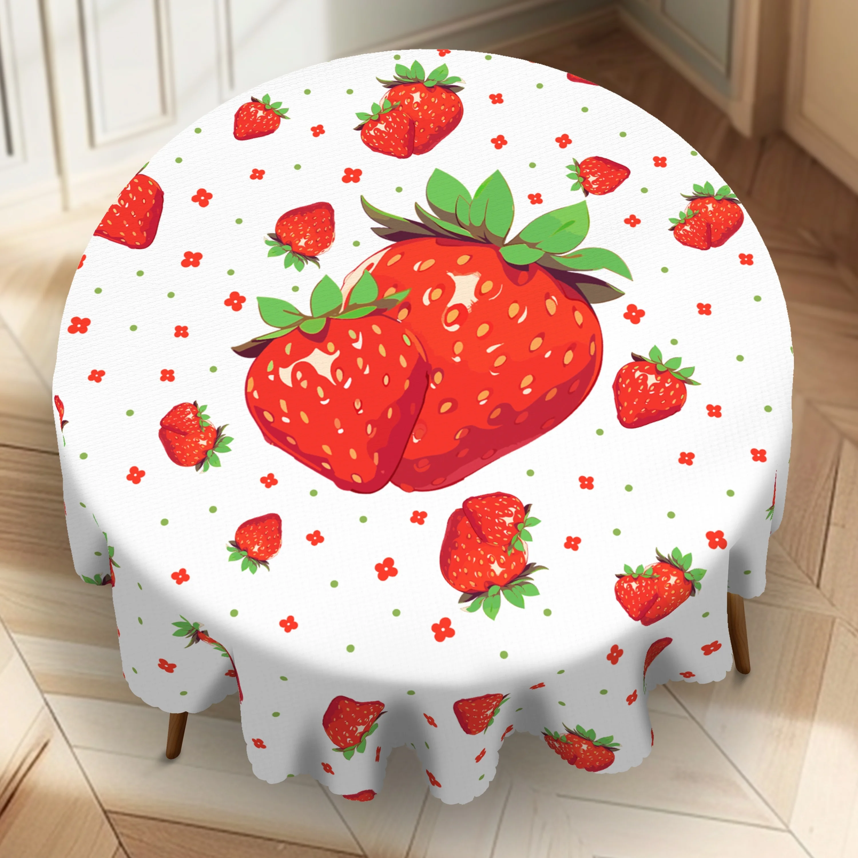 VIKAMA Erdbeer-Tischdecke, Frühlings-Rechteck-Tischdecke, weiß, rund, Erdbeer-Druck, dekorative Tischdecke, Heim-Party-Dekoration