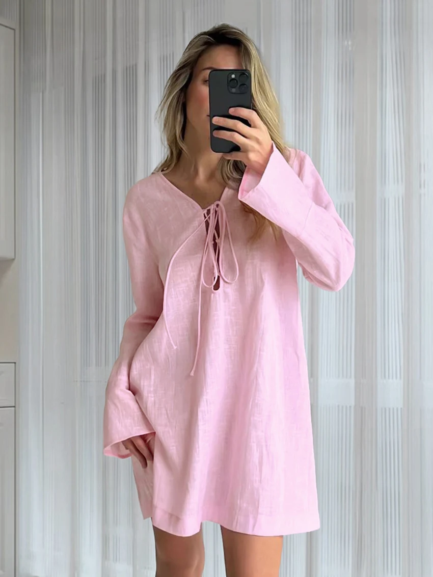 

Marthaqiqi Cotton Female Sleepwear Long Sleeve Nightgowns Sexy V-Neck Pajamas Lace Up Nightie Mini Dress Casual Loose Nightwear