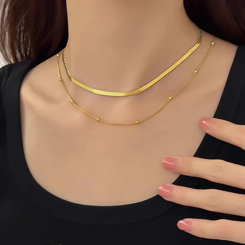 Punk Clavicle Flat Blade Snake Link Choker Necklace Gold Silver Color Fashion Stainless Steel Double Necklace Women Jewelry Gift