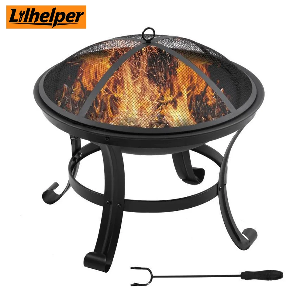 Outdoor Fire Pit Round Fire Bowl with Spark Screen & Fire Poker, 2‑in‑1 Patio Backyard Wood Burning Firepit Outdoor Heater,