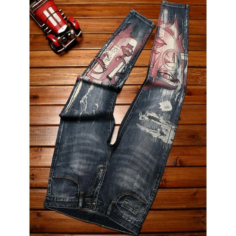 High end light luxury new printed jeans for men fashion casual trend elastic slim fit straight tube washed versatile denim pants