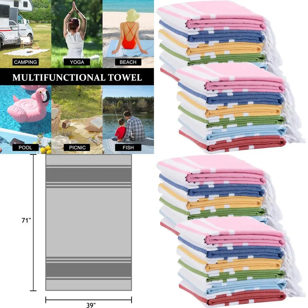 

Массовые 12 упаковок больших хлопковых полотенцев 39x71 в полоску — быстросохнущие, легкие для путешествий и бассейна