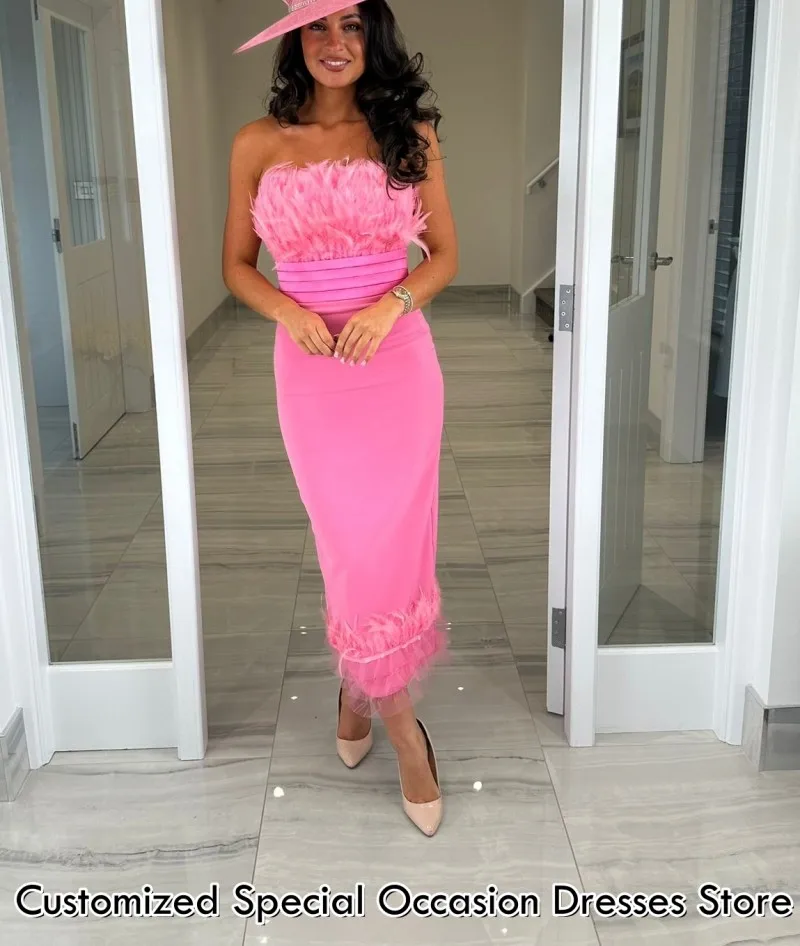

Sexy Strapless Mother Of The Bride Dress A Line Sleeveless Wedding Dresses Feather Ruffles Lace Wedding Guest Gowns Customized